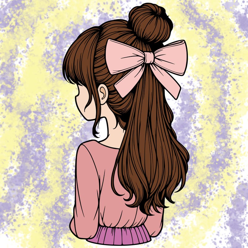 realistic girl  with hip length hair a bun and a big bow on the back of head