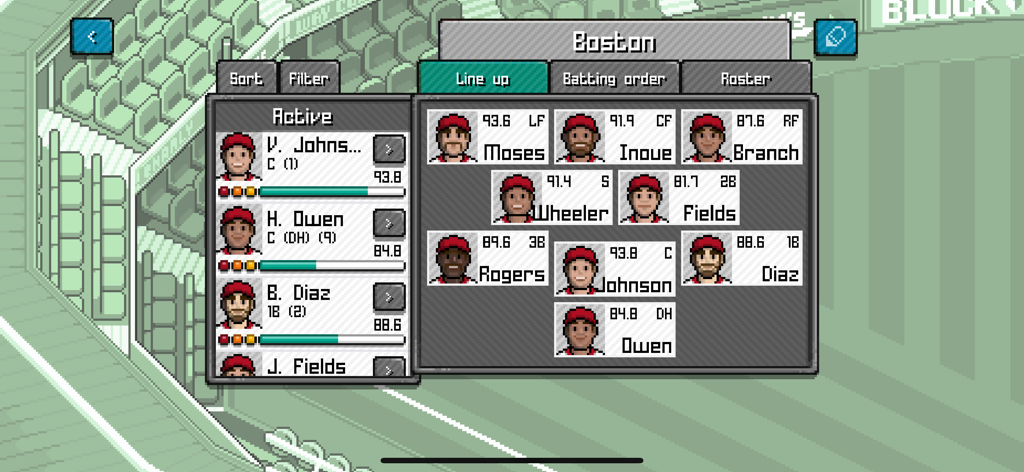 Lineup management screen in Pixel Pro Baseball featuring pixel art player portraits and ratings