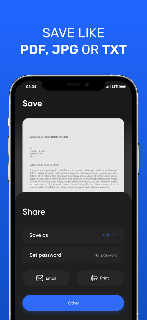 Document scanner app interface showing options to save a scan as PDF JPG or TXT with password protection and sharing tools