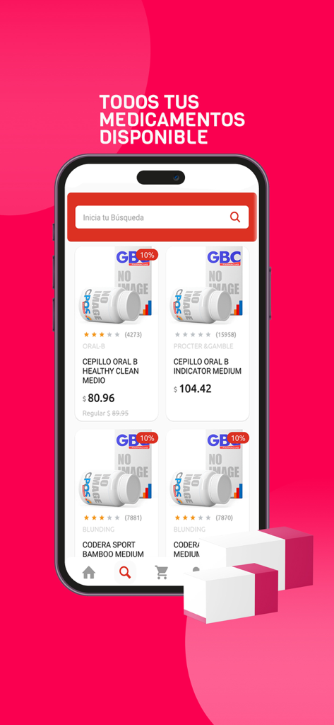 Medicar GBC app catalog showing pharmacy products and prices
