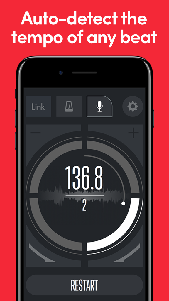 Beat Detect mobile App zeigt automatische Tempoerkennung von 136,8 BPM auf einer Smartphone-Oberfläche an.