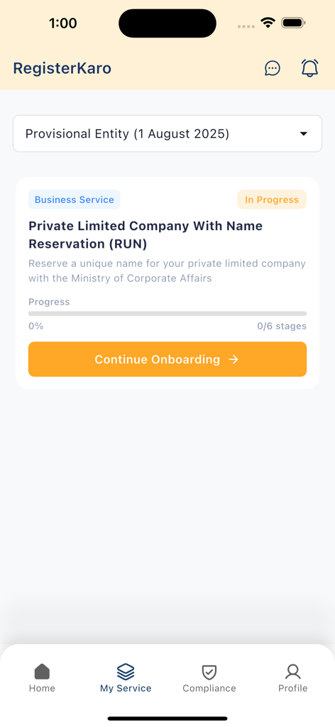 RegisterKaro - Tela do aplicativo móvel mostrando o progresso do registro de uma sociedade de responsabilidade limitada (limitada) no RegisterKaro