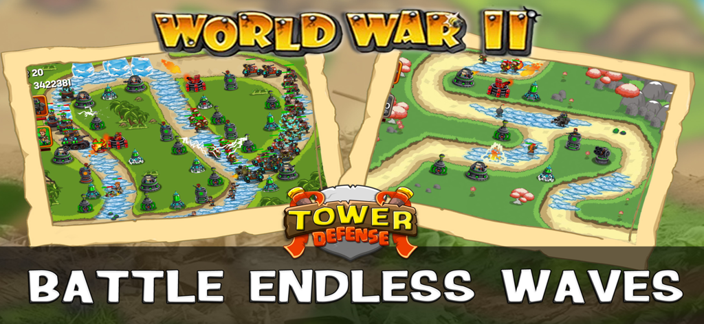 WWII Tower Defense - Gameplay screenshots of WWII Tower Defense showing tactical base defense and enemy waves