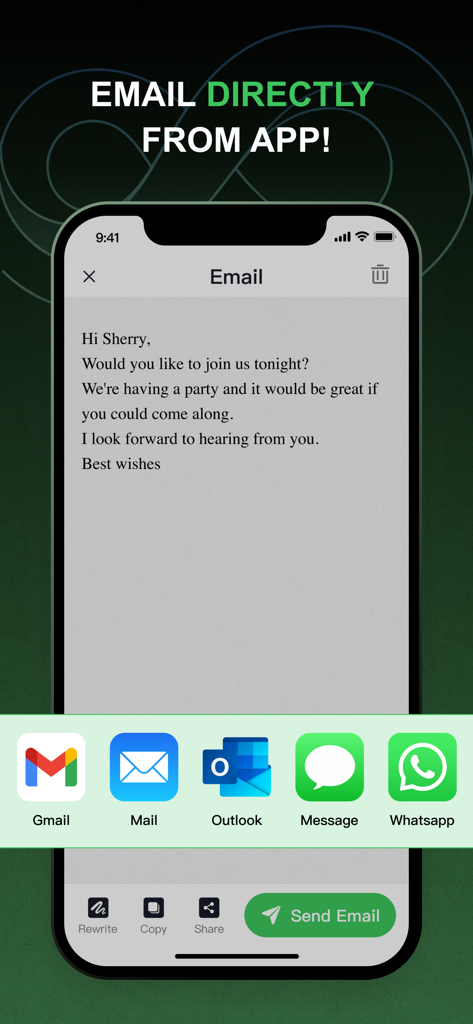 AI Email: AI Writer Assistant - Gmail、Outlook、Whatsapp経由で送信するオプションが表示されたモバイル画面上の下書きメール。