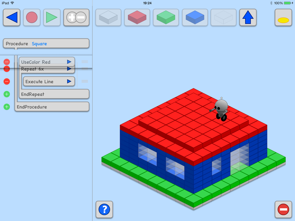 Interfaz de codificación de Karel the Robot que muestra un robot encima de una casa 3D de bloques