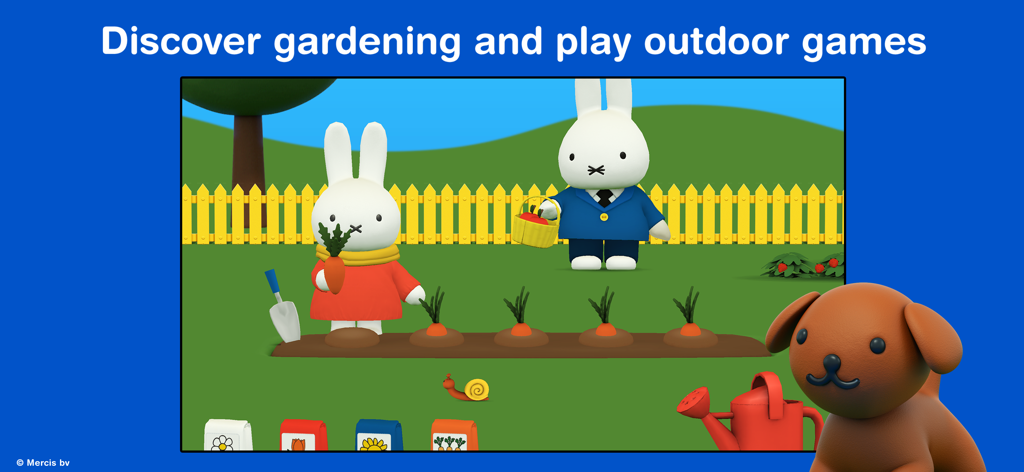 Miffy's World! - 미피와 친구가 귀여운 갈색 강아지와 함께 정원에서 당근을 수확하고 있습니다.