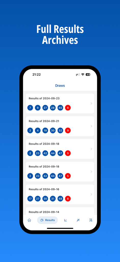 French LOTO - Smartphone display of the French LOTO app showing a list of historical winning numbers and draw dates.