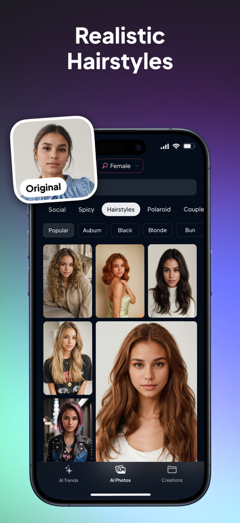 AI Photo Generator: FaceOff - La app generadora de fotos IA FaceOff mostrando opciones realistas de peinados.