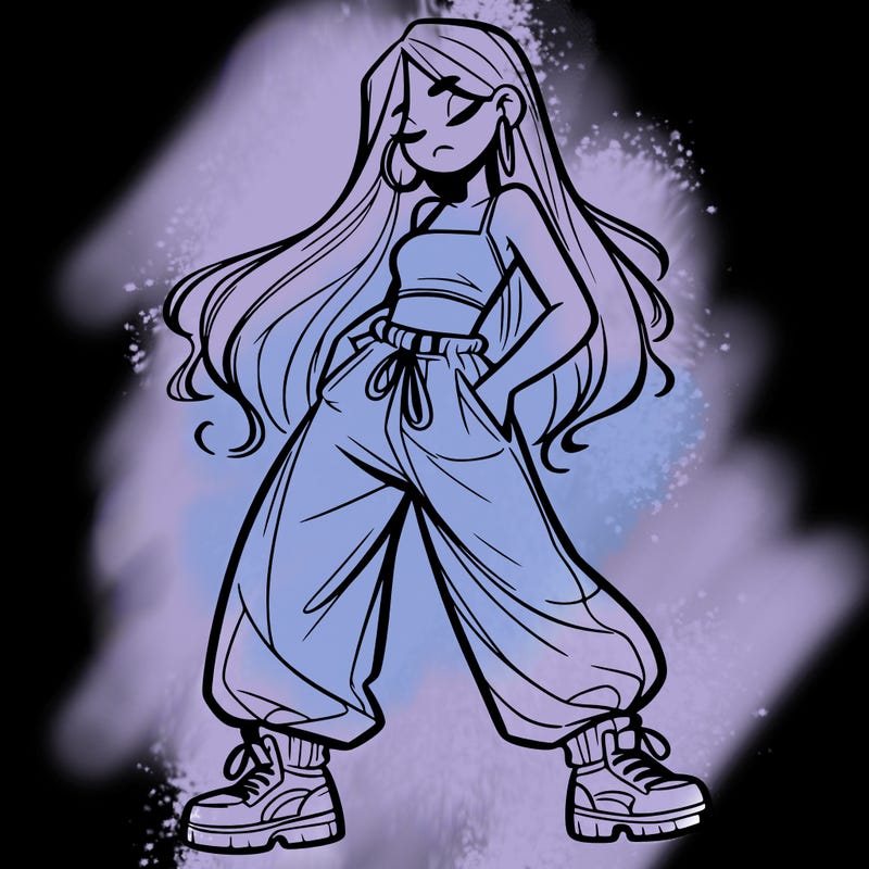 girl in baggy pants crop top and long hair