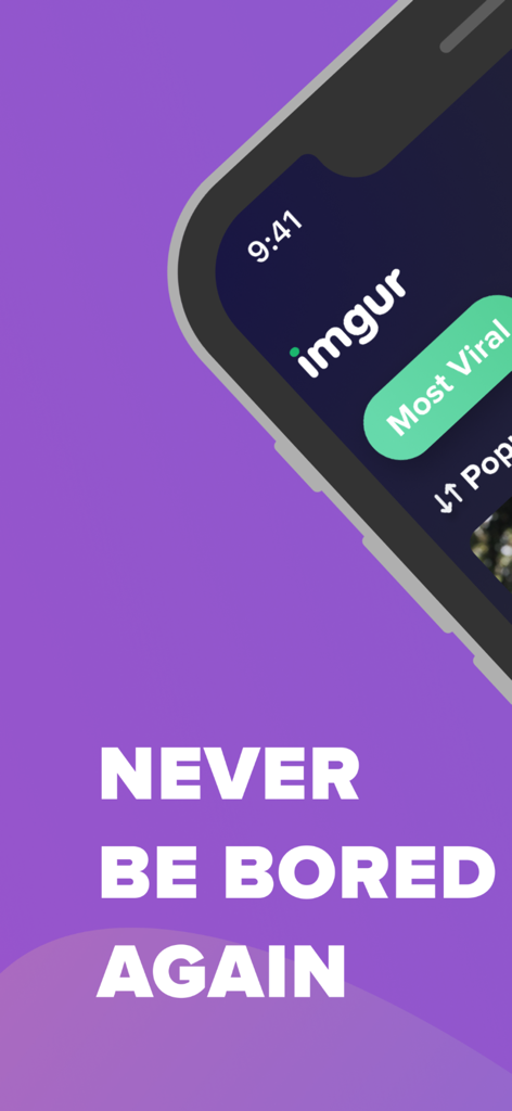 Imgur: Funny Memes & GIF Maker - Slogan dell'app Imgur Mai Più Annoiati visualizzato su uno sfondo viola con uno smartphone che mostra il feed Più Virale