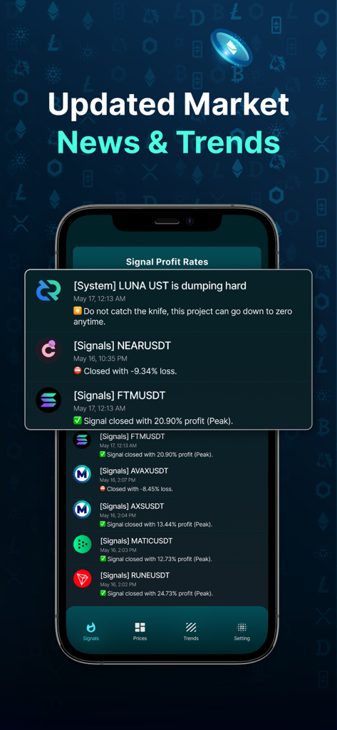 Crypto Signals - Trading Alert - Smartphone screen displaying crypto trading signals and profit rate alerts
