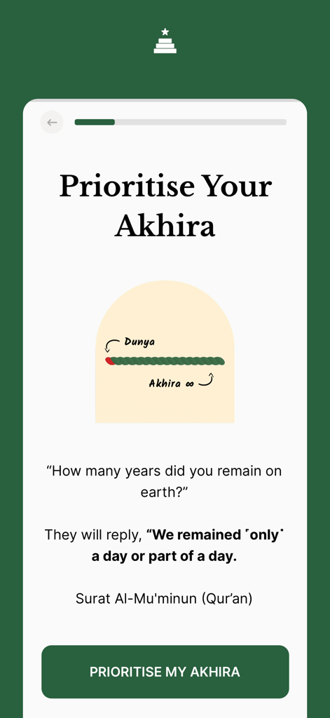 Jibreel: Learn Islam App - Screenshot della lezione dell'app Jibreel sulla priorità dell'Akhira con un verso del Corano