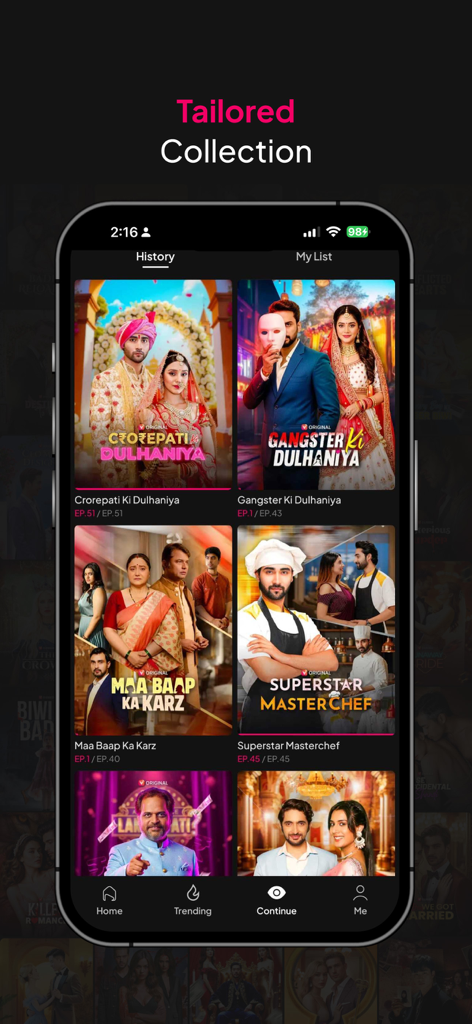 Mobile interface of Viralo TV app showing a tailored collection of vertical Hindi short-form reel shows