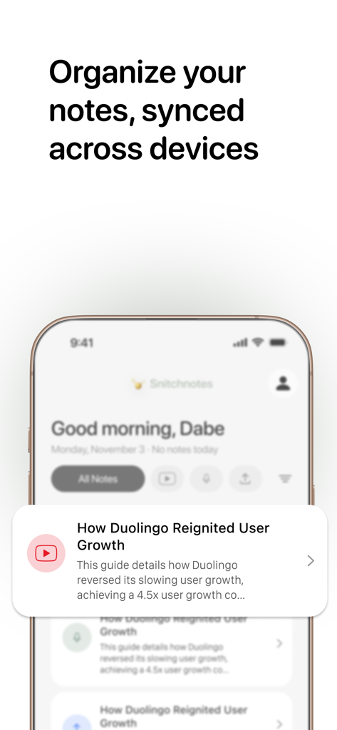 Snitchnotes: AI Study Notes - Snitchnotes app interface showing organized study notes and cross-device synchronization