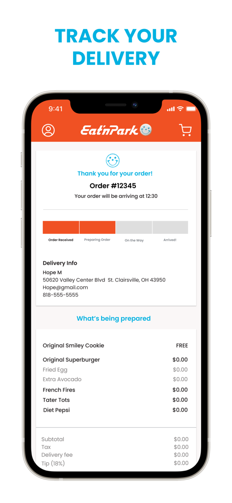 Eat n Park mobile app screen showing real time delivery tracking for a food order