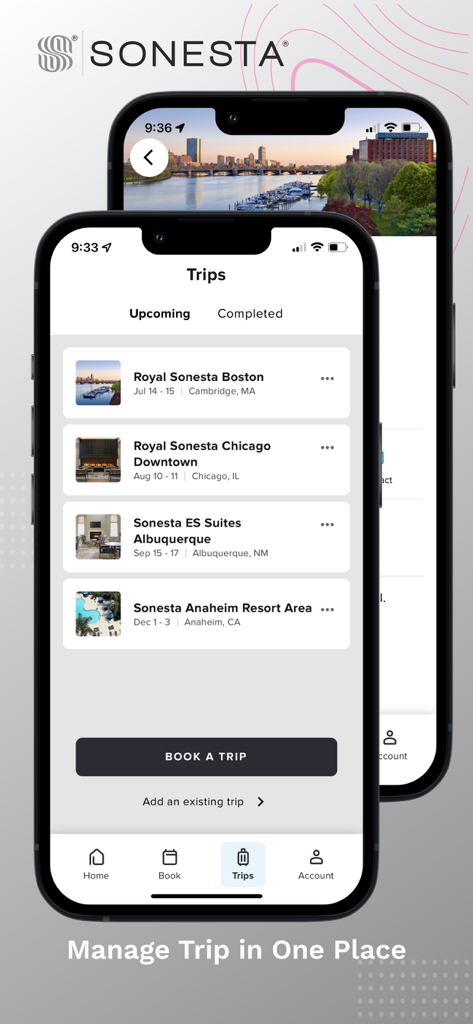 Sonesta - Oberfläche der Sonesta App mit bevorstehenden Hotelbuchungen in Boston, Chicago, Albuquerque und Anaheim