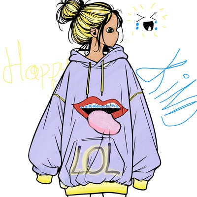 realistic girl with a oversized sweatshirt on and a bun