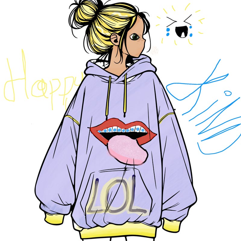 realistic girl with a oversized sweatshirt on and a bun