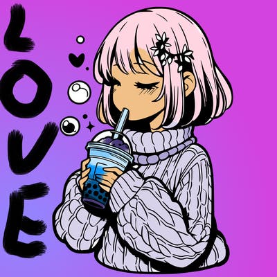 manga girl drinking boba in cozy sweater