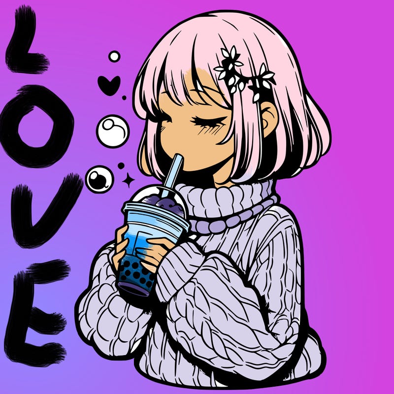 manga girl drinking boba in cozy sweater