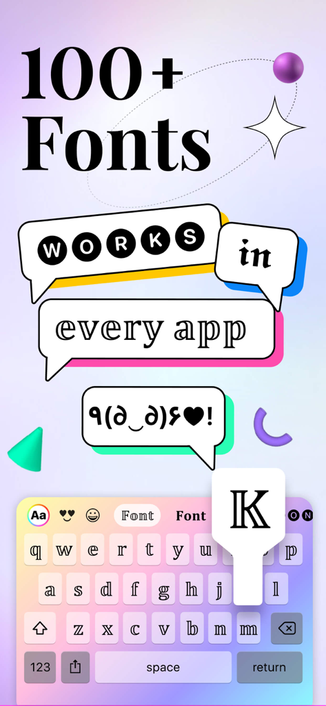Fonts Keyboard ⋆ - A colorful keyboard interface showcasing various stylish fonts and kaomoji symbols for mobile apps