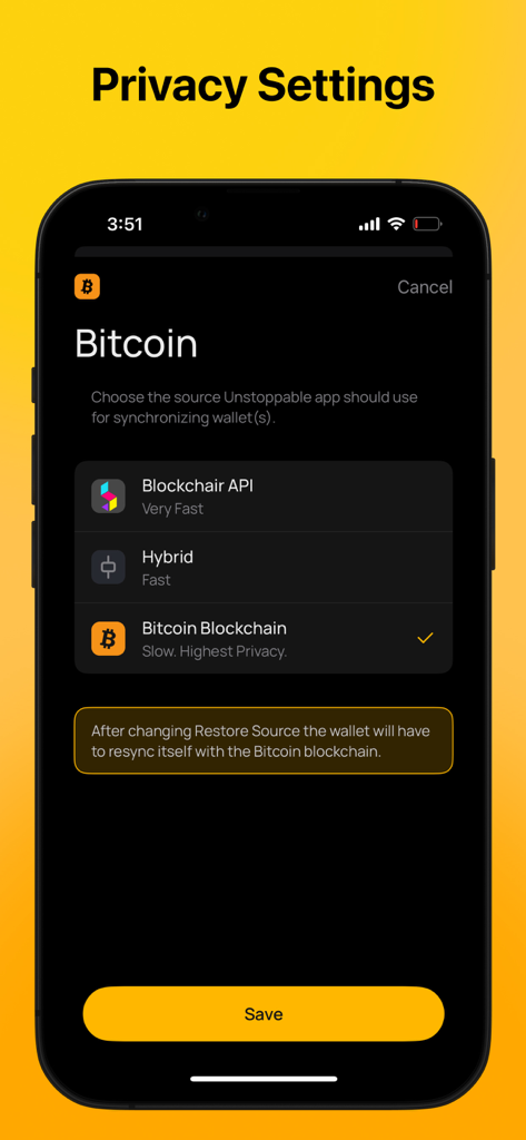 アンストッパブル・クリプトウォレットアプリのビットコインプライバシー設定画面。Blockchair API、Hybrid、Bitcoin Blockchainなどの同期ソースオプションを表示。