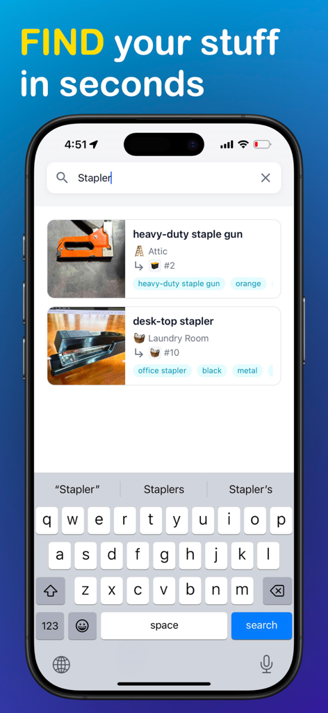 SnapFind app search results showing the locations of a staple gun in the attic and a stapler in the laundry room.