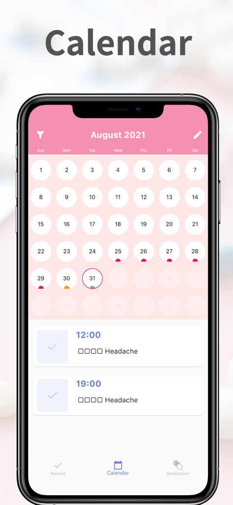 Cute Pill Reminder - The calendar interface of the Cute Pill Reminder app showing daily medication logs
