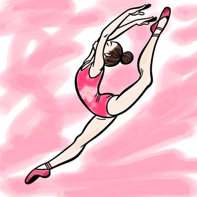 gymnast doing a leap in a leotard with a bent back leg