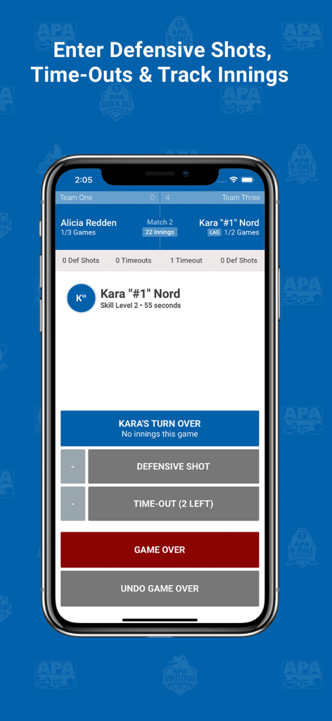 APA Scorekeeper - APA Scorekeeper app interface showing match details with options to log defensive shots and time outs