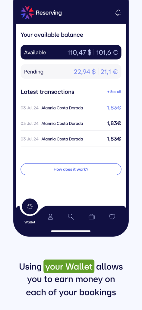 Reserving - Une interface mobile de l'application Reserving montrant la fonction portefeuille avec le solde disponible en dollars et en euros et une liste de transactions de voyage.