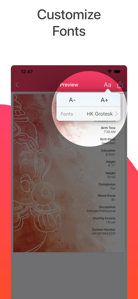 Interface of the Bio Data Maker app showing font and text size adjustment options for a marriage profile