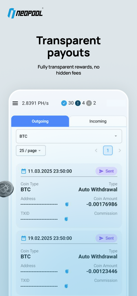 Neopool App - Mobile screen of Neopool app showing Bitcoin mining rewards and transparent payout history