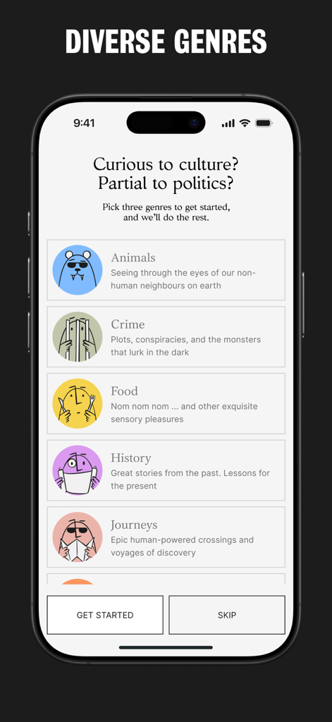 Alexander: Audiobooks & Series - A selection of diverse story genres in the Alexander app including animals crime and history with minimalist illustrations