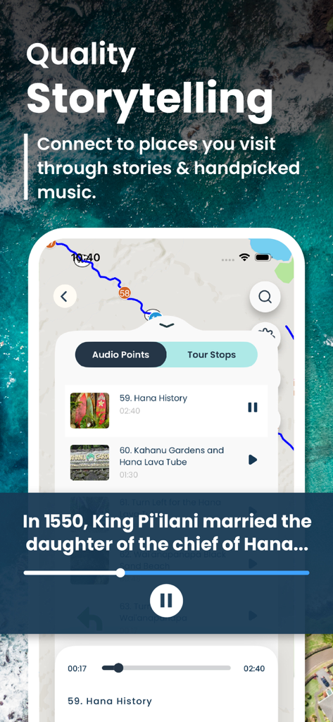 Shaka Guide App-Oberfläche mit GPS-Audio-Storytelling und lokaler Geschichtsmoderation auf einer Karte.