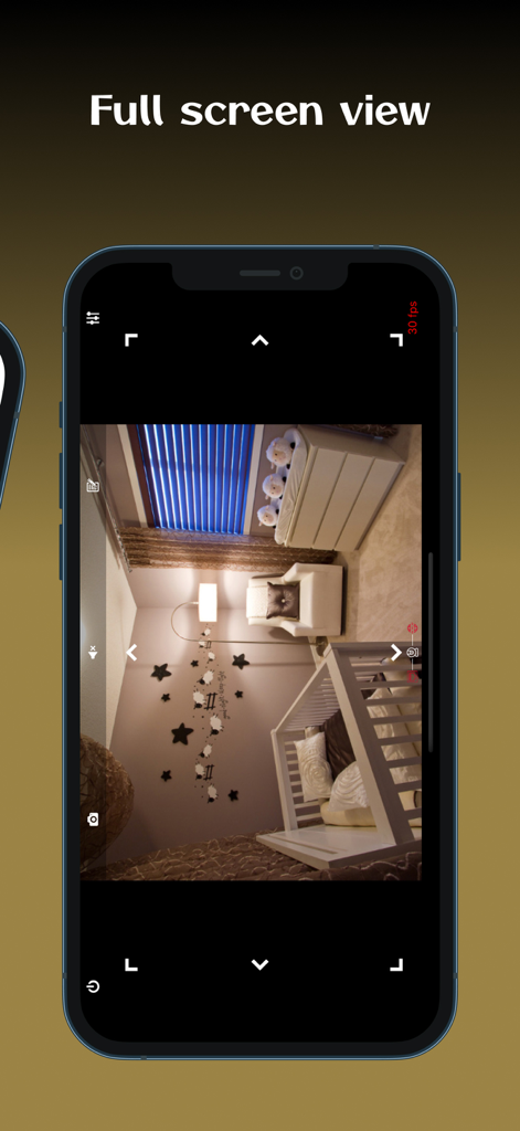 Aplicativo Heden VisionCam exibindo uma visualização ao vivo em tela cheia de um berçário com controles de câmera