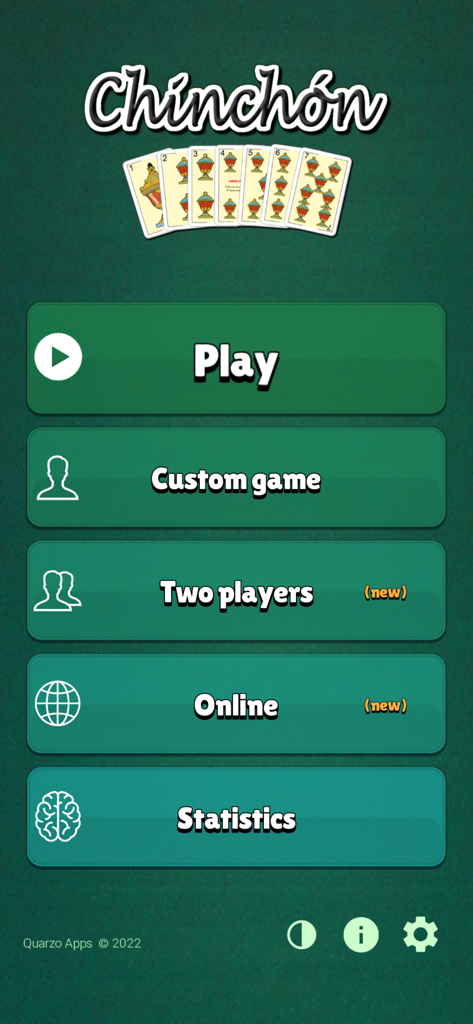 Menú principal de la aplicación Chinchon cards mostrando opciones de juego y el logo del juego sobre un fondo verde