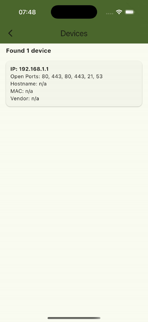 eXODA Port Scanner - Pantalla de la aplicación eXODA Port Scanner mostrando la IP del dispositivo encontrado y los puertos abiertos