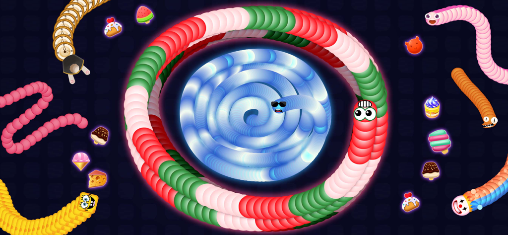 Snake Battle - Snake Game - Vibrant gameplay scene from Snake Battle featuring multiple colorful snakes and sweet treats