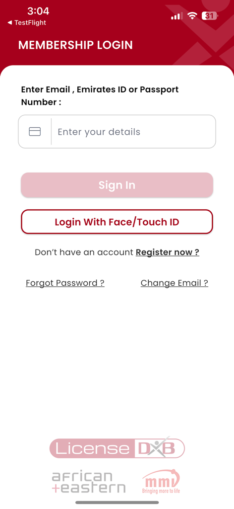 LICENSE DXB APP - License DXB app membership login screen with identity verification fields