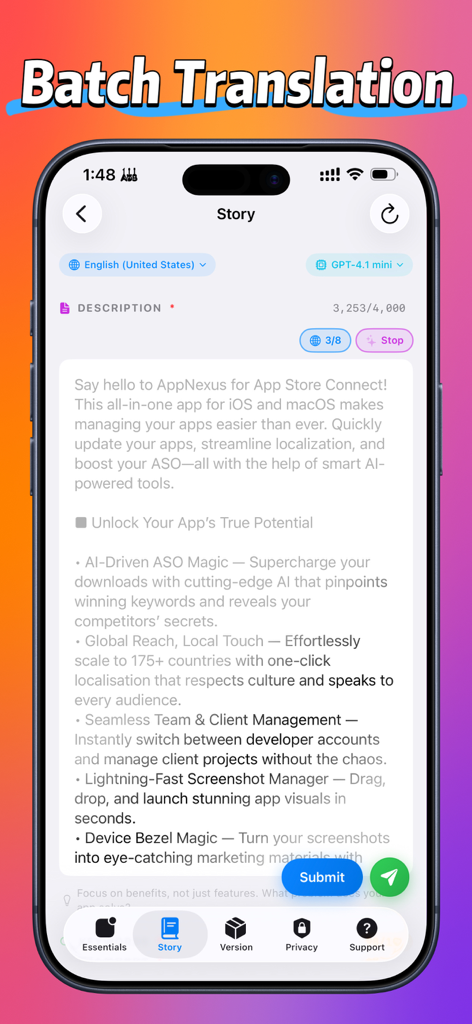 AIを使用してアプリのメタデータのバッチ翻訳機能を示すAppNexusインターフェース