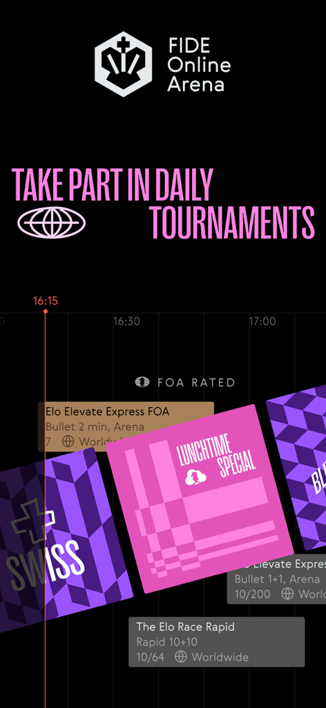 World Chess: Learn and Play - Daily FIDE Online Arena tournament schedule in the World Chess app
