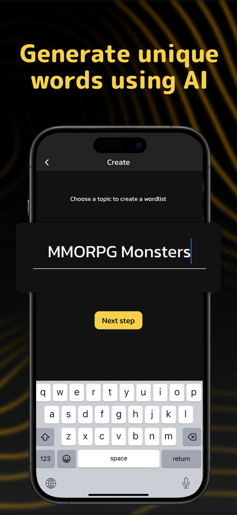 Chanom: AI-Powered Charades - Chanomアプリのユーザーインターフェースで、MMORPGモンスターのためのAI搭載ジェスチャーゲーム単語リストの作成が表示されています