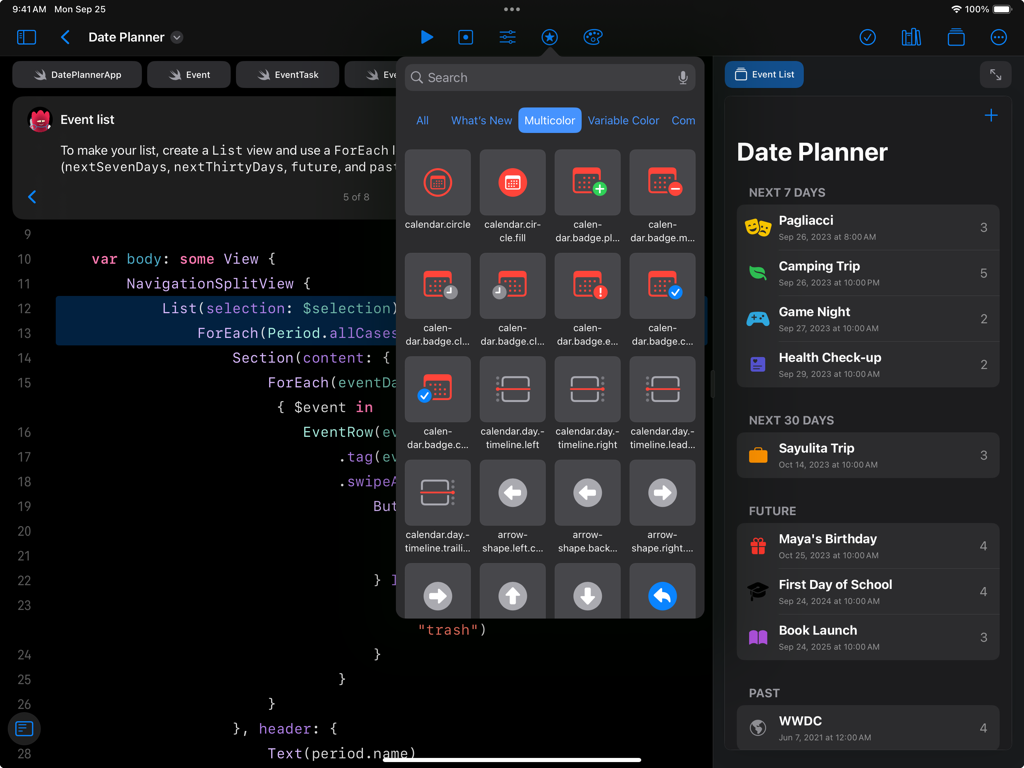 Swift Playground - Swift Playgrounds interface on iPad showing SwiftUI code and a live preview of a Date Planner app.