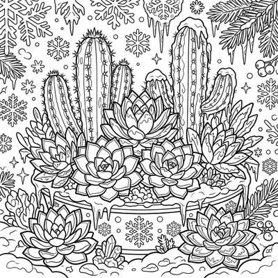 Explore a mesmerizing winter scene where hardy succulents and cacti brave the snow. This unique coloring page blends desert charm with frosty delight, perfect for a relaxing artistic escape.