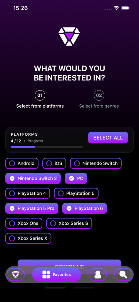 A setup screen in the Insider Gaming app where users select their favorite gaming platforms to follow news and leaks.