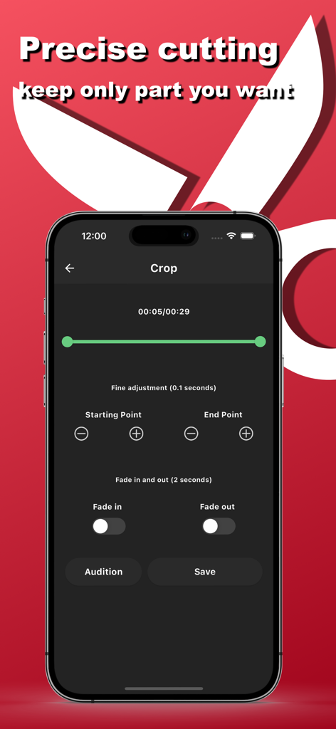 Interface of Maker Ringtones for iPhone featuring precise audio cutting and fade options