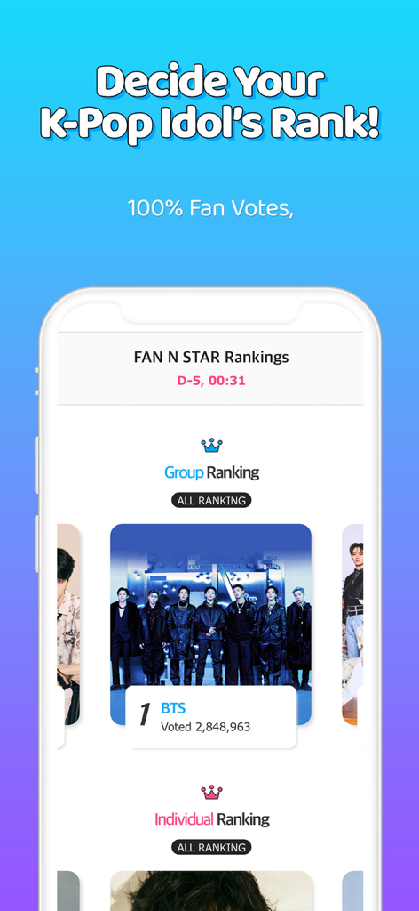 FAN N STAR - Mobile app interface of Fan N Star showing K-Pop group rankings and BTS voting results.