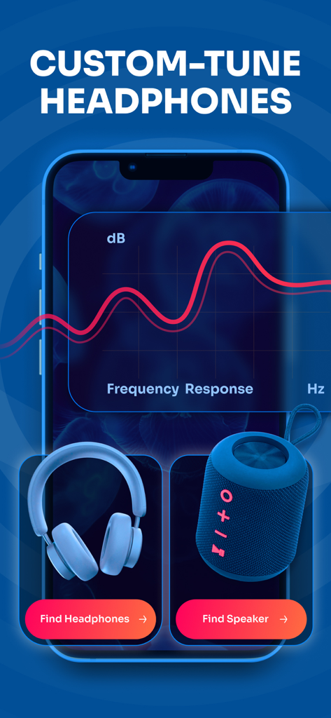 App interface showing a frequency response graph with options to find and tune headphones or speakers