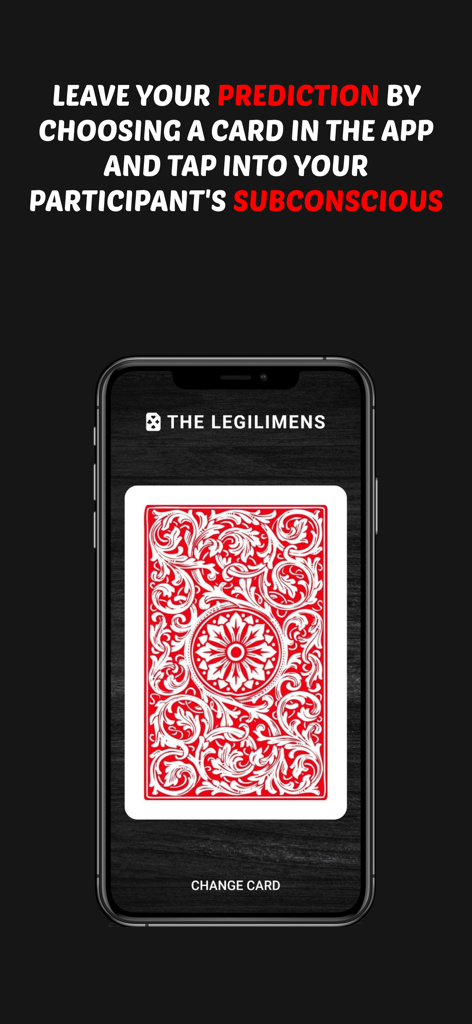 Interface do aplicativo Legilimens em um smartphone mostrando uma previsão de carta de baralho vermelha para um truque de mágica